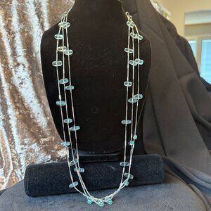 Long three strand silver tone station necklace dangle earrings Ice Blue gems EUC